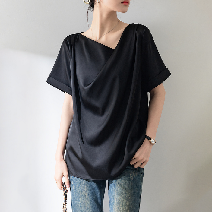 새틴 드레이프 쉬폰 여성 정장 반팔 블라우스