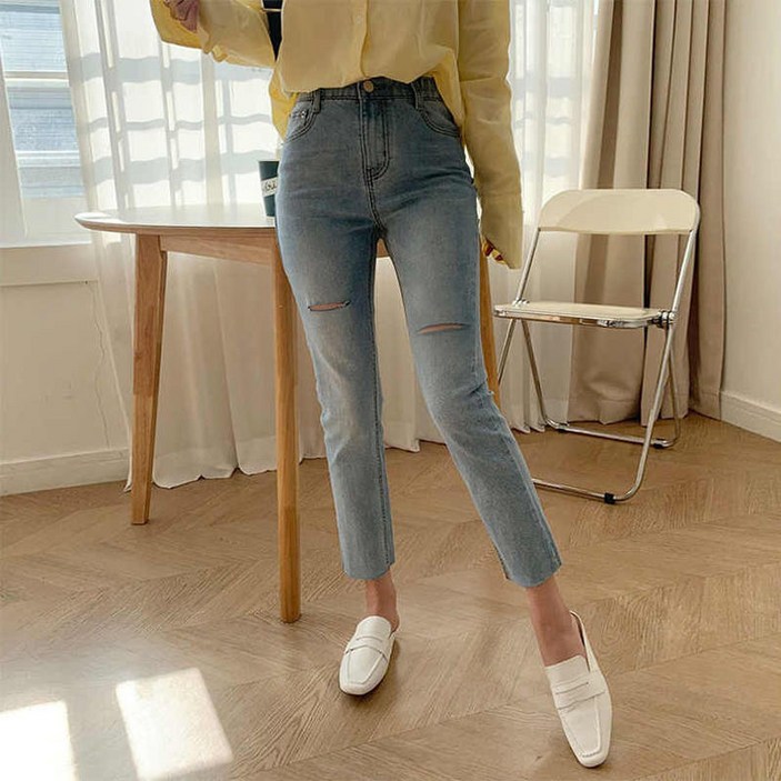 VIISHOW 여성용 가을 스판 스키니진 찢청 청바지