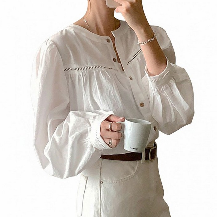 신상 여자 노카라 펀칭 남방 퍼프소매 셔츠