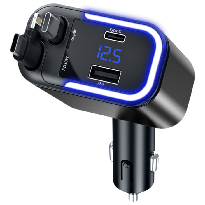 해브유 5구 5in1 릴타입 LED전압표시 100W 고속충전기 차량용 충전기 (애플+C타입), LC-036