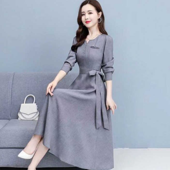 쩐쿠 가을 여성 라운드넥 긴소매 옆리본 롱 원피스 8316