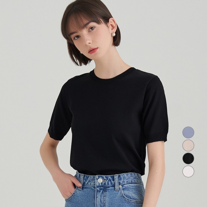 ELLE PARIS 루즈핏 라운드넥 데일리 반팔 여름 니트