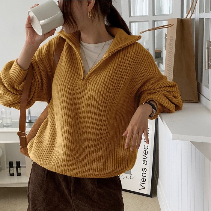 앤드스타일 여성용 베닌 하이넥 카라 반집업 긴팔 니트 263814