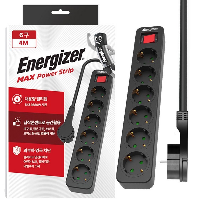 에너자이저 과부하차단 고용량 3680W 멀티탭 6구, 4m, 블랙, 1개