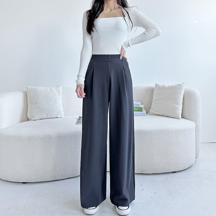 잘빠진 여성용 2단기장 이즈 핀턱 밴딩 와이드 스판슬랙스