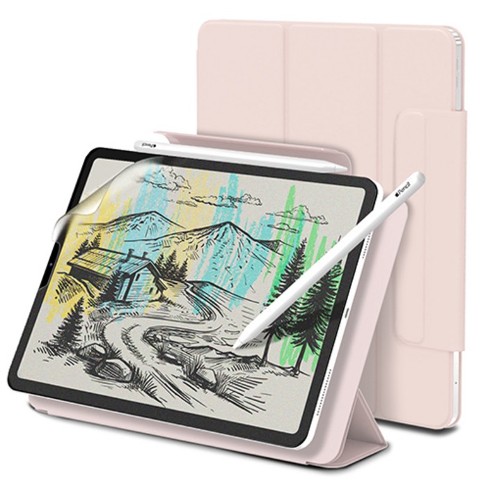 아이패드6세대 신지모루 마그네틱 폴리오 애플펜슬커버 태블릿PC 케이스 + 종이질감 액정보호 필름 세트, 핑크 샌드