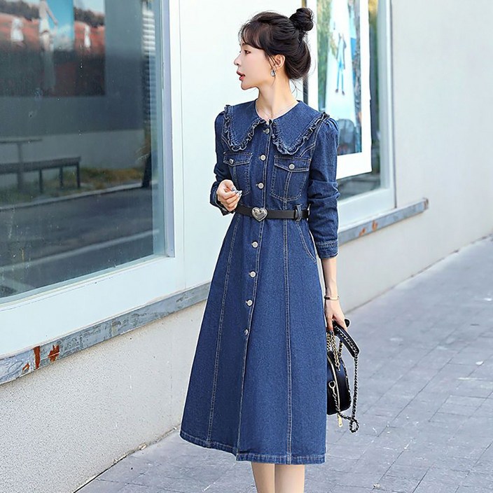 지고다그 여성용 간절기용 데님 롱 원피스 긴팔 허리라인 단추 포인트 카라 원피스 YY31506