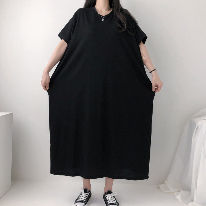 엘케이엘 왕박시 4XL 국산 빅사이즈 오버핏 가오리 포켓 반팔 면 롱 원피스