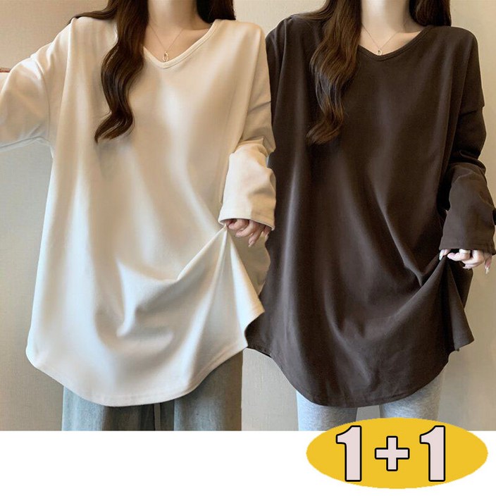 11여성 브이넥 긴팔티 베이직 빅사이즈 심플 무지 맨투맨 이너티 롱티 간절기