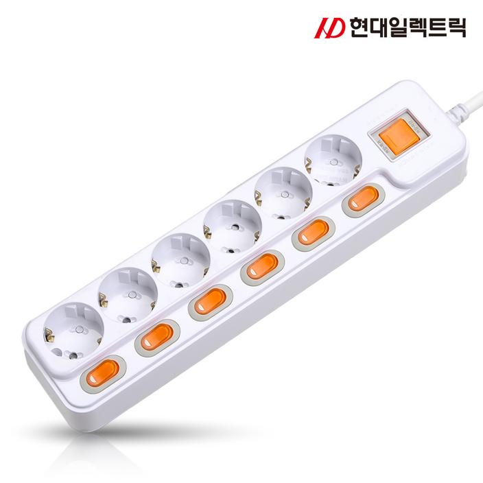 현대 국산 접지 개별 +과부하차단 스위치 멀티탭 멀티콘센트 6구 (16A), 1개, 1.5m