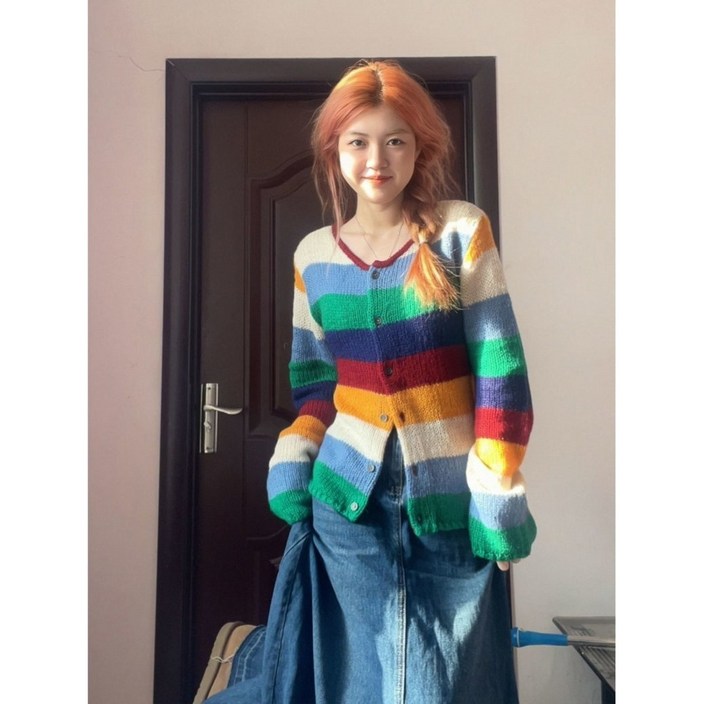 해피유통 여성 빈티지 루즈핏 무지개 스트라이프 긴팔 니트 카디건 톱bsq