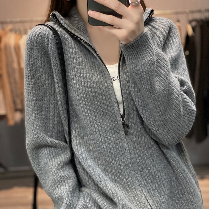 휠렉스 여성 하이넥 반집업 골지 니트 상의 YQ01