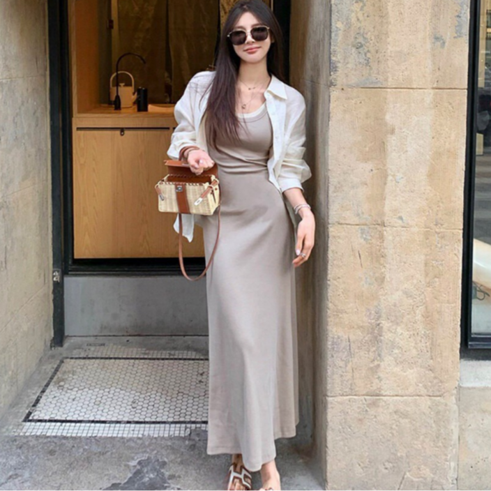 유니크코코 민소매 슬림 롱 원피스 배색 5642