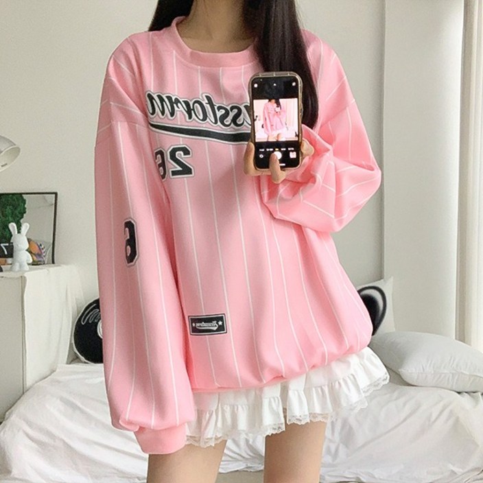 하이틴무드2col 스노잉 루즈핏 스트라이프 스포티 레터링 맨투맨