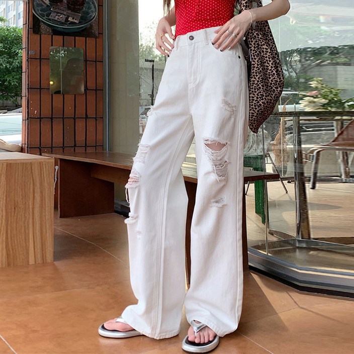 대박난박양 와이드 디스트로이드 화이트 팬츠
