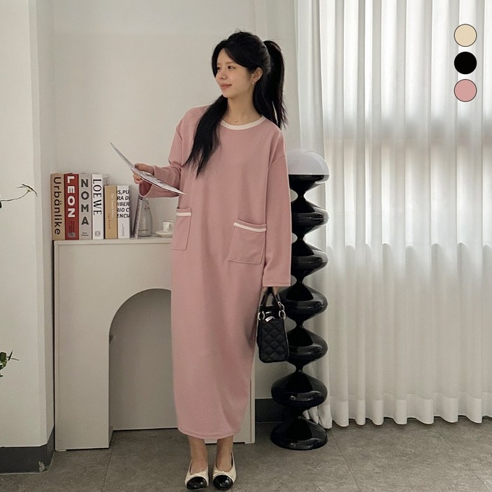 디테일웨어 여성 앨리스 배색 포켓 롱원피스 링클프리 빅사이즈 임부복 간절기 편한원피스 구김없는 H라인 원피스