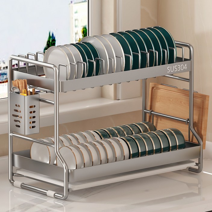 가정용 식기건조기 304 올스텐 대용량 그릇 접시 도마 수저 식기건조대 배수 정리대 설거지 건조대+껍질을 벗기는 칼, 304스텐, 1개, 2단
