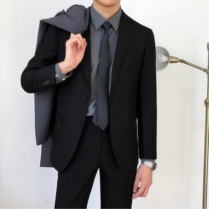 ANYOU 남자 정장 투버튼 자켓 슬림 핏 블랙스판 캐주얼 정장 하객룩