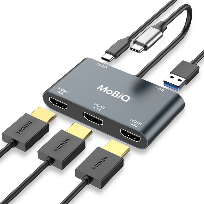 모비큐 C타입 4K@60Hz 트리플 HDMI 3대 모니터 확장 멀티 5포트 USB 허브 분배기 3대 MST 출력 리얼텍 칩 적용, 1개, 그레이