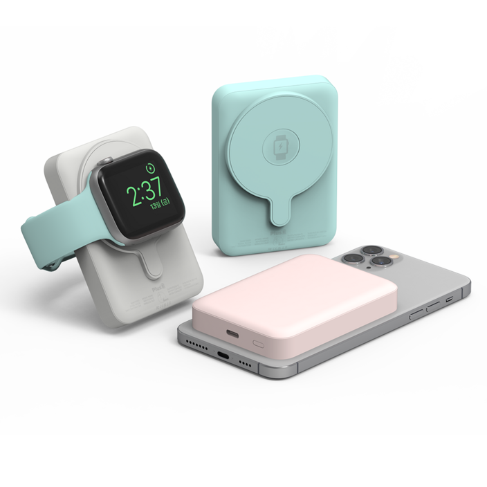 플러스이x라온 2in1 맥세이프 고속충전 보조배터리 애플워치 아이폰 10000mAh, 핑크