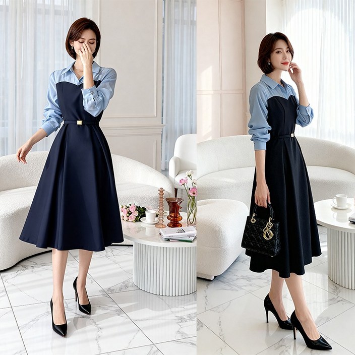 비비디아 여성용 배색 셔츠 뷔스티에 플레어 원피스 하객룩 오피스룩 봄가을 미디롱 치마 (S~2XL) 5609