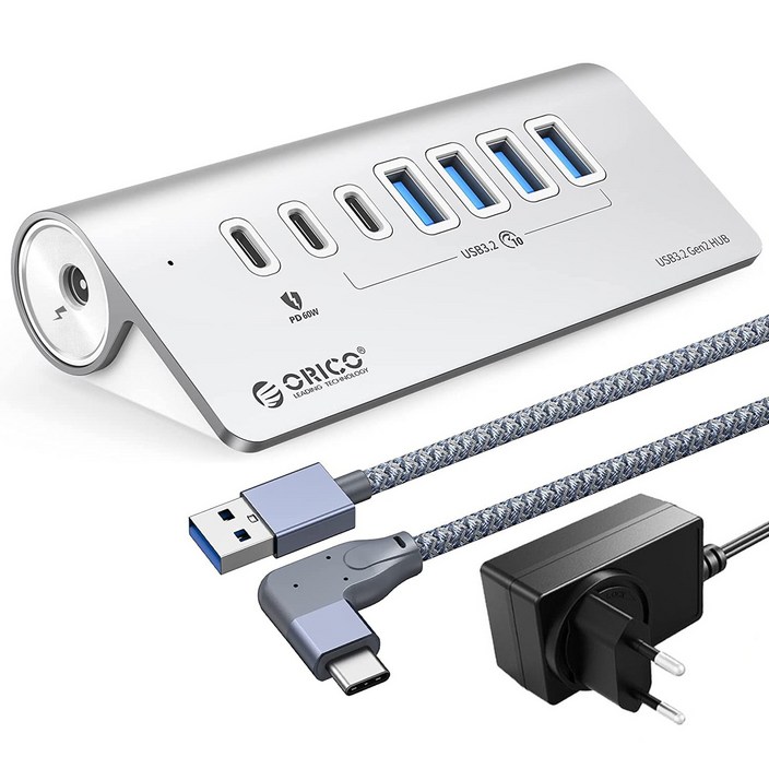 오리코 애플 맥북 프로 USB3.2 Gen2 10Gbps PD60W+유전원 알루미늄 7포트 USB허브 M3U4C3-G2, Silver, M3U4C3-G2, 1개