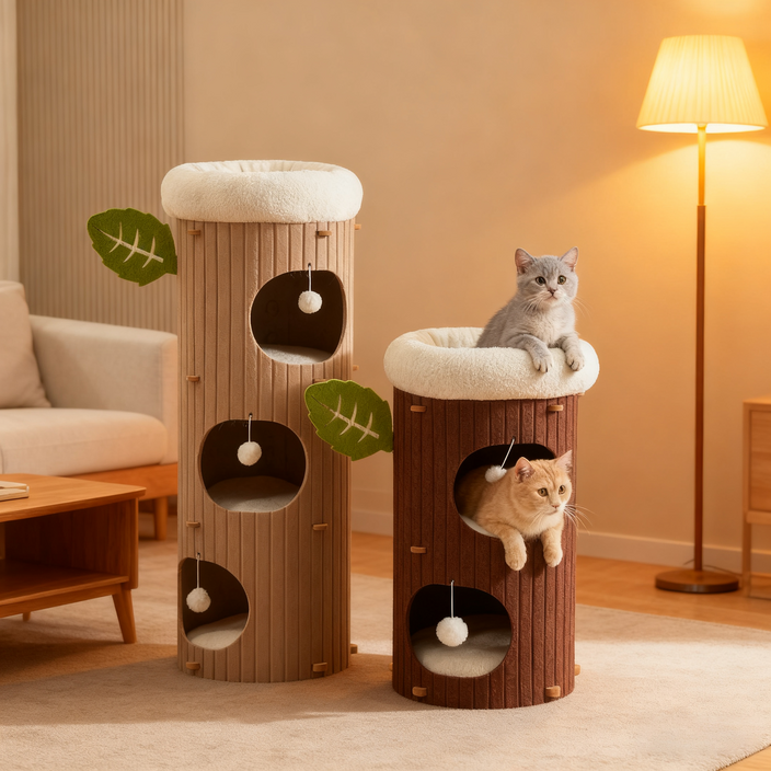 CYLIFE 고양이 숨숨집 통나무형 하우스 스크래쳐 캣타워 고양이 집, 1개, 베이지 2층 매트미포함