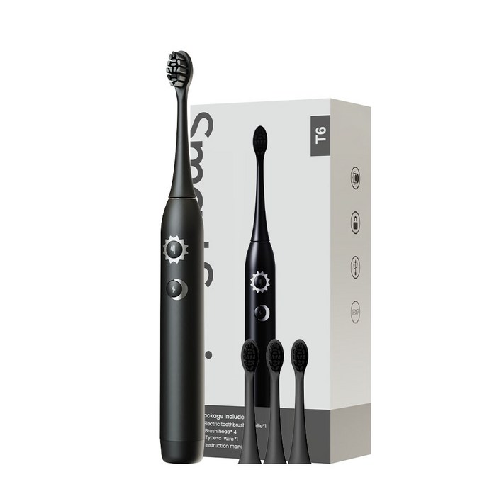 SmartSonic+ T6 음파 전동칫솔 + 칫솔모 4개 이중 모드 아침/저녁 사용, 1개, 블랙, T6