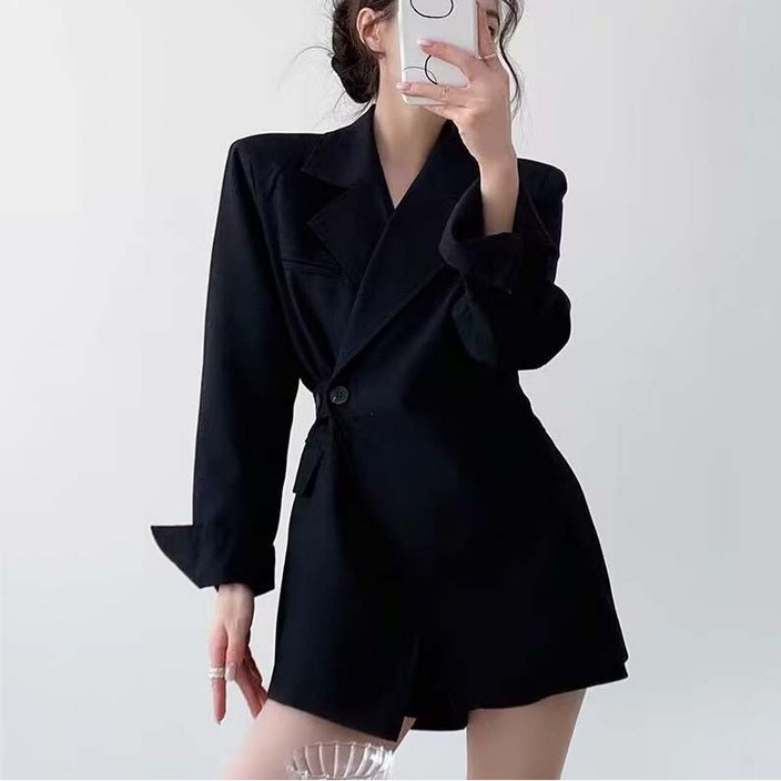 TIMEPURE 여성 원버튼 세련된 정장 롱 자켓 봄 가을 소매트임 뒷면 허리벨트 일체형 고급 캐주얼 하프 정장 오피스룩 하객룩