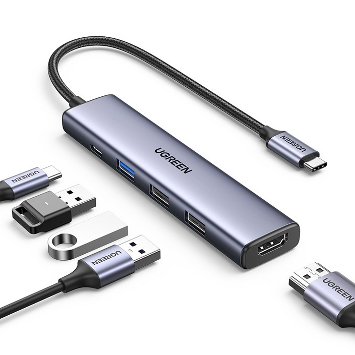 UGREEN 유그린 5 in 1 USB C타입 멀티 허브 USB3.0 5Gbps 도킹 스테이션 PD100W HDMI 4K어댑터