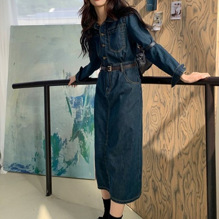 우아글로벌 봄가을 빈티지 벨트 진청 데님원피스