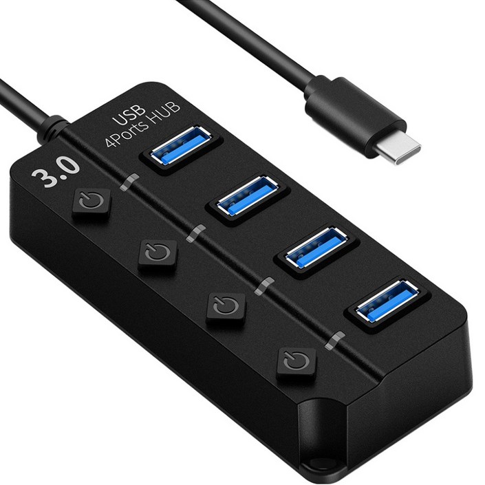 구스페리 USB 3.0 C타입 개별스위치 무전원 4포트 멀티허브 1m, 블랙, 1개