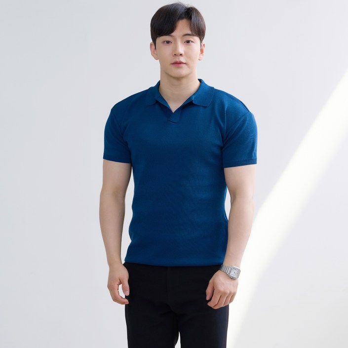 핵쿨남 남성용 아이스쿨링 머슬핏 반팔 오픈 카라 니트 핵쿨남 남성용 아이스쿨링 머슬핏 반팔 오픈 카라 니트