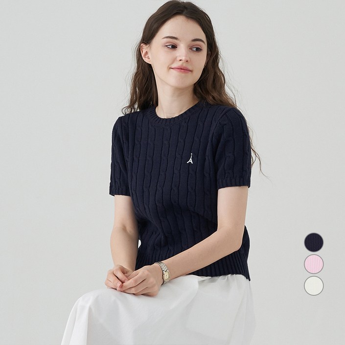 ELLE PARIS 여성용 시그니처 로고 자수 케이블 반팔 니트