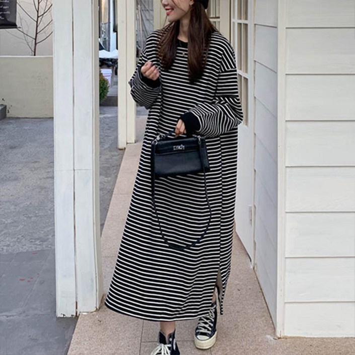 앤드스타일 여성용 론스트라이프 맨투맨 원피스 261254