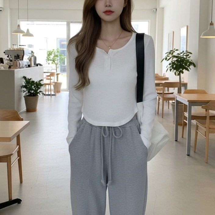 언헤브여성용헨리넥골지티셔츠