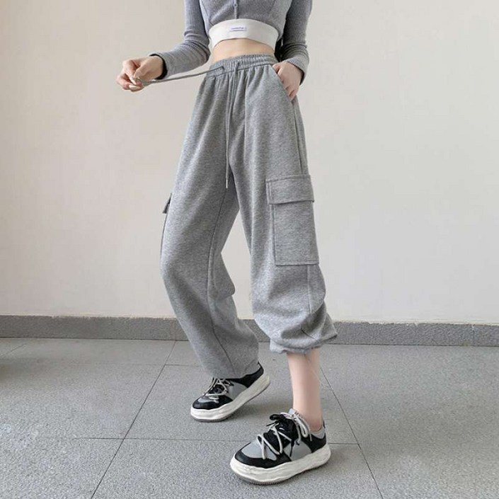 라라티나 여성용 루아노 허리밴딩 와이드 카고 스트링 트레이닝 팬츠