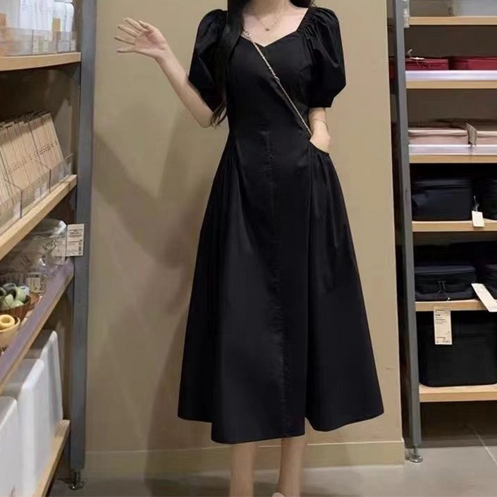 구디프 여성용 하트넥 반팔 A라인 미디 원피스