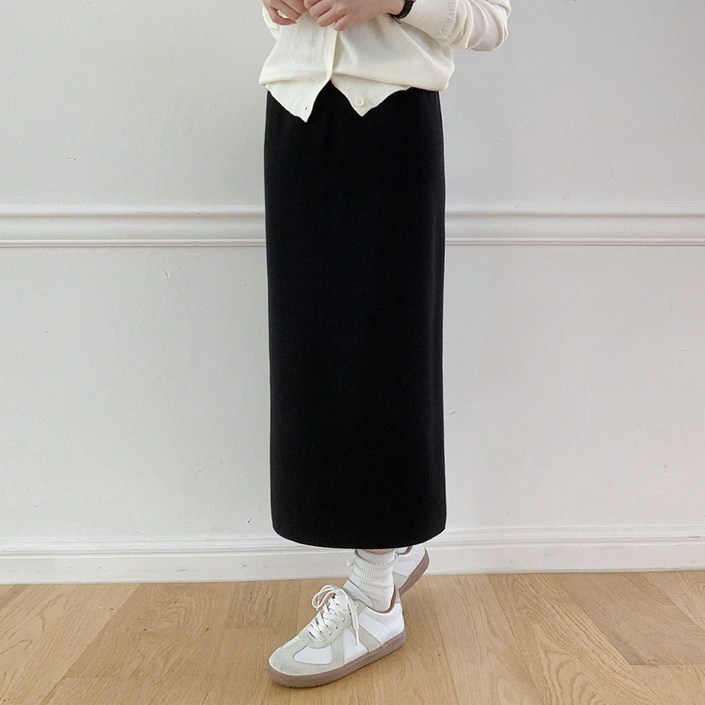 플랜데이 여성용 숏미디움 기장 세라 니트 트임 밴딩 롱 스커트