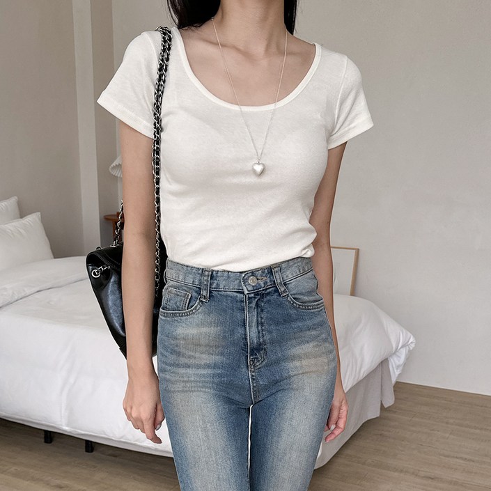 투데이앤룩 여성용 통기성 소프트 슬림 무드 무지 이너 라운드넥 반팔 티셔츠