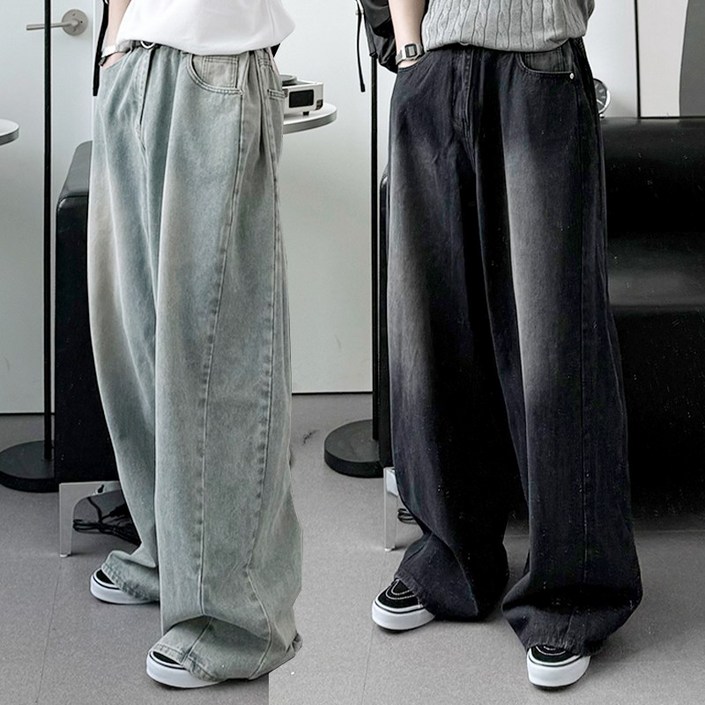 프리미엄 S3XL 롱기본 Y2K 옆 셔링 절개 와이드 데님 팬츠 청바지