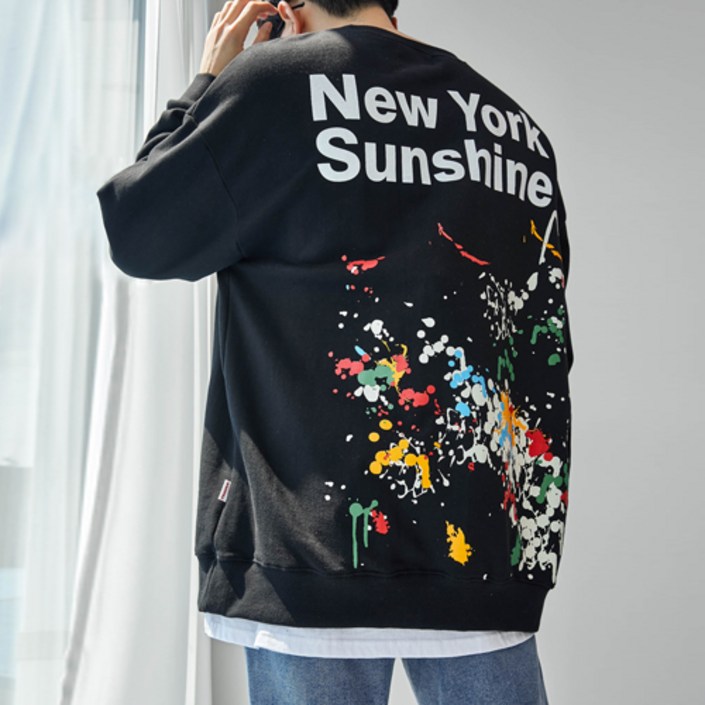제타22 남녀공용 데일리 뉴욕 선샤인 프린팅 특양면 오버핏 기모 맨투맨 티셔츠 1140