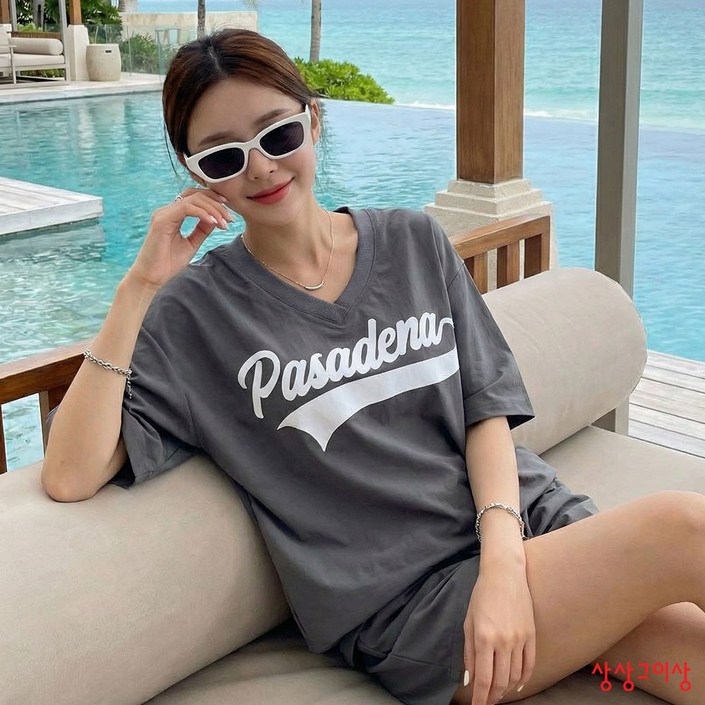 상상그이상 여성용 국내제작 파사디브이반팔 여름 반소매 루즈핏 티셔츠 브이넥 바스락 나일론 반팔티 꾸안꾸 아노락 밑단스트링 편안한 시원한소재 일상복 오버핏 박스티 기본티 나염 포인트