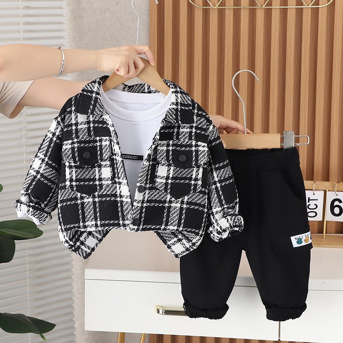 상상키즈  모던 체크 남방 바지 3종 세트 남아