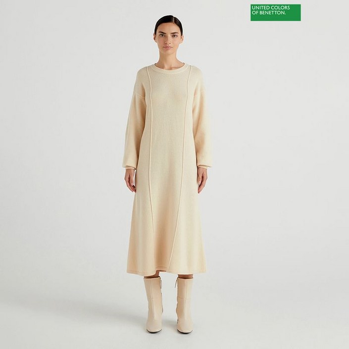 베네통 Pintuck wrinkle flare dress 3F 1244DV00I BE