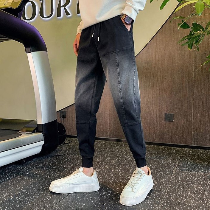 AOKADA 남성 배기 청바지 밴딩 절개라인 데님 팬츠