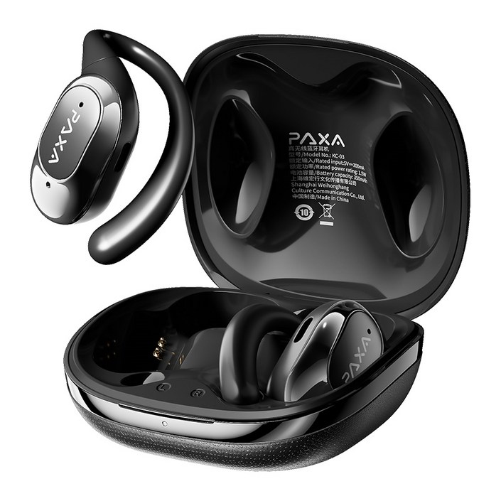 PAXA 귀걸이형 무선 블루투스 이어폰 AI 스마트 실시간 번역기 오픈형 ENC 노이즈 캔슬링 운동용 블루투스 음성 번역 이어폰 KC 03, 블랙 레귤러