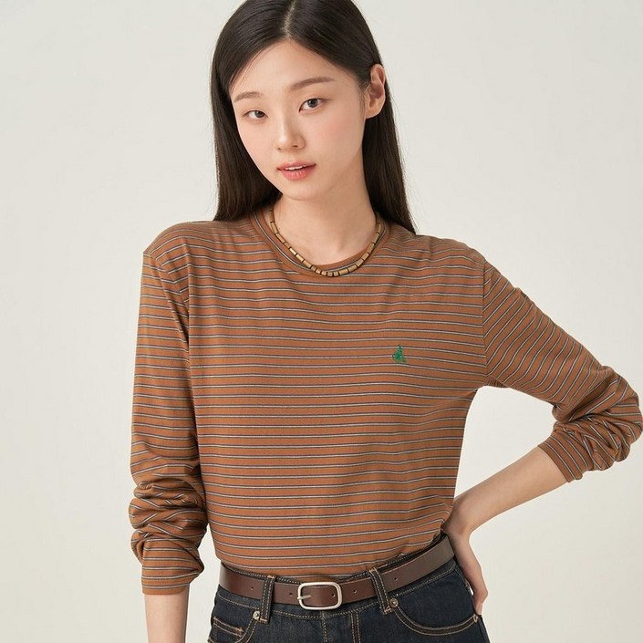 [백화점 정품] 빈폴 레이디스 멀티 스트라이프 세미 오버핏 티셔츠 - 브라운 (BF5741C03D)