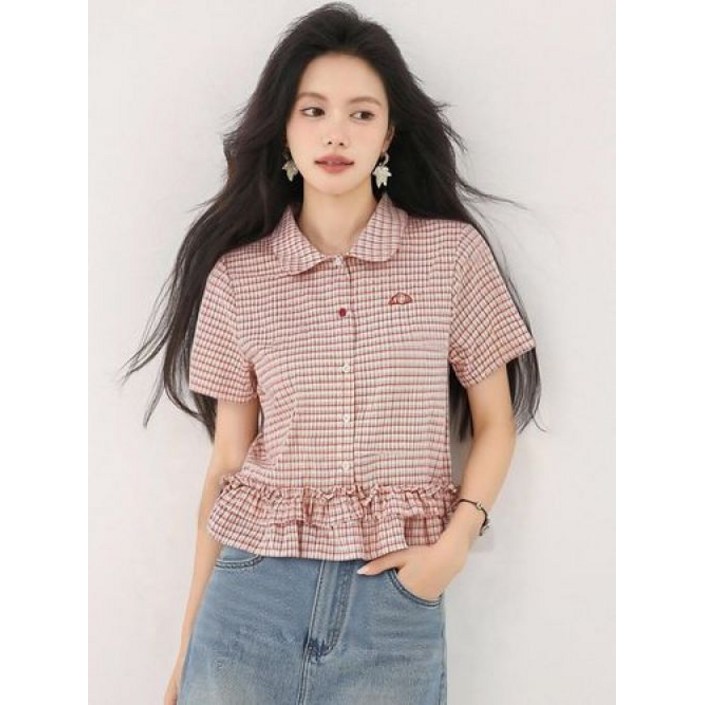 여성 여름블라우스 30 40대 레드 체크 둥근카라 프릴 러플 셔츠 블라우스 출근룩