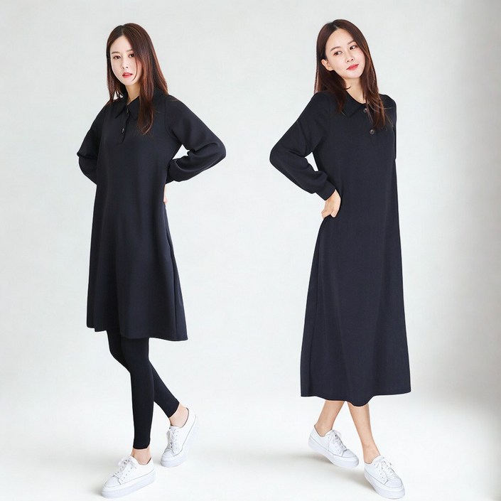 프롬코 11 여성 캐주얼 카라 루즈핏 미디 롱 원피스 세트 FRC132S